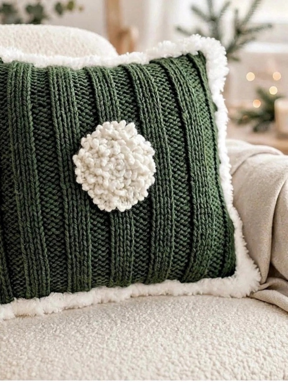 Green & White Knit Accent Pillow